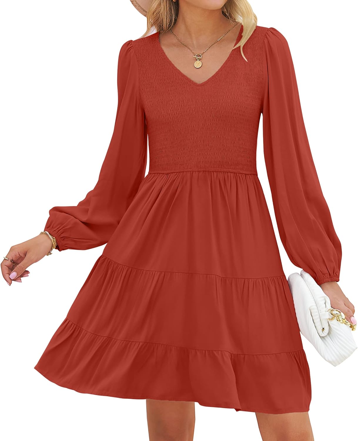 ZESICA Women's Casual V Neck Long Sleeve Ruffle Mini Dress