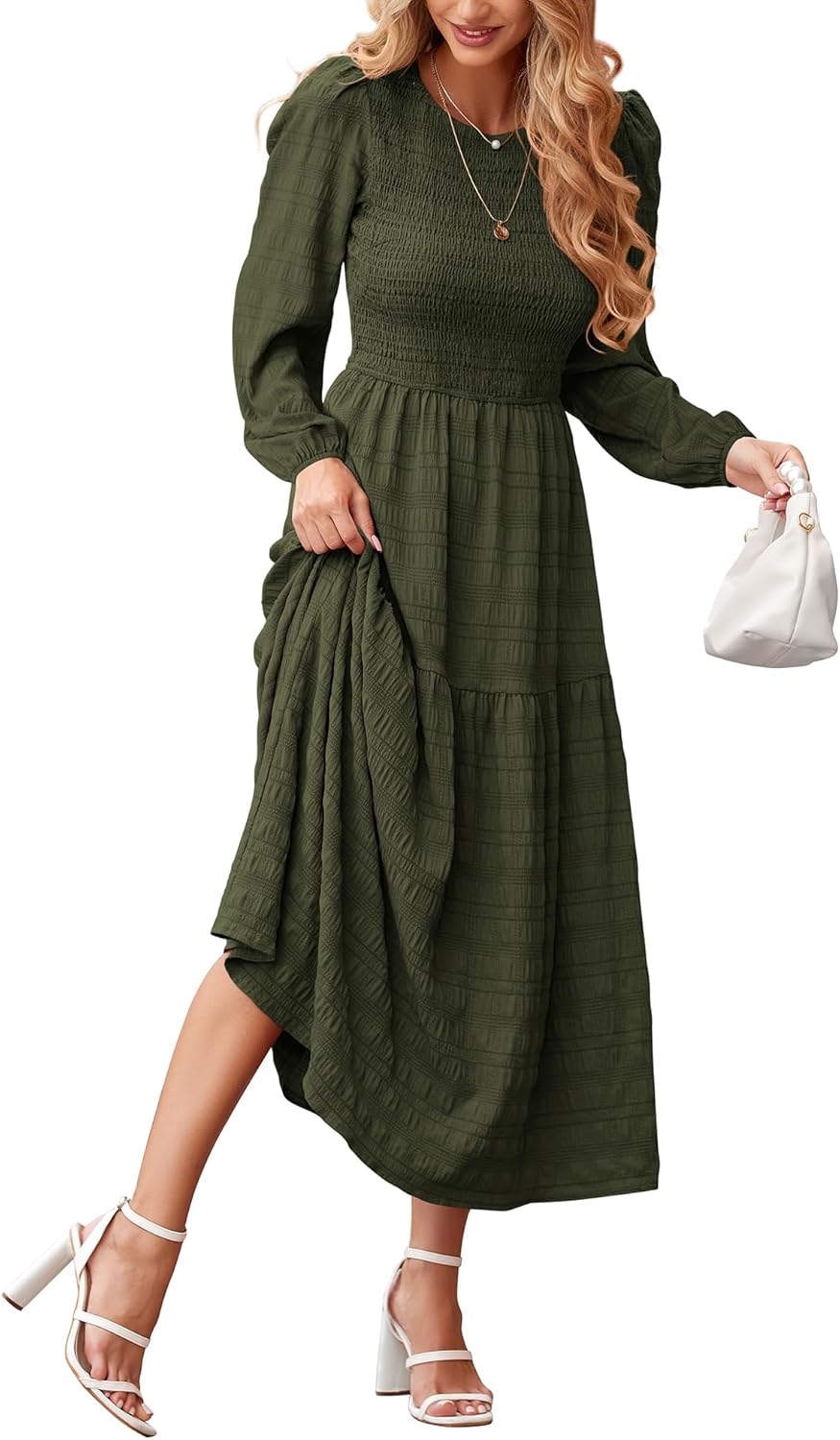 Dowerme Women's Puff Long Sleeve A-Line Maxi Dress for Fall