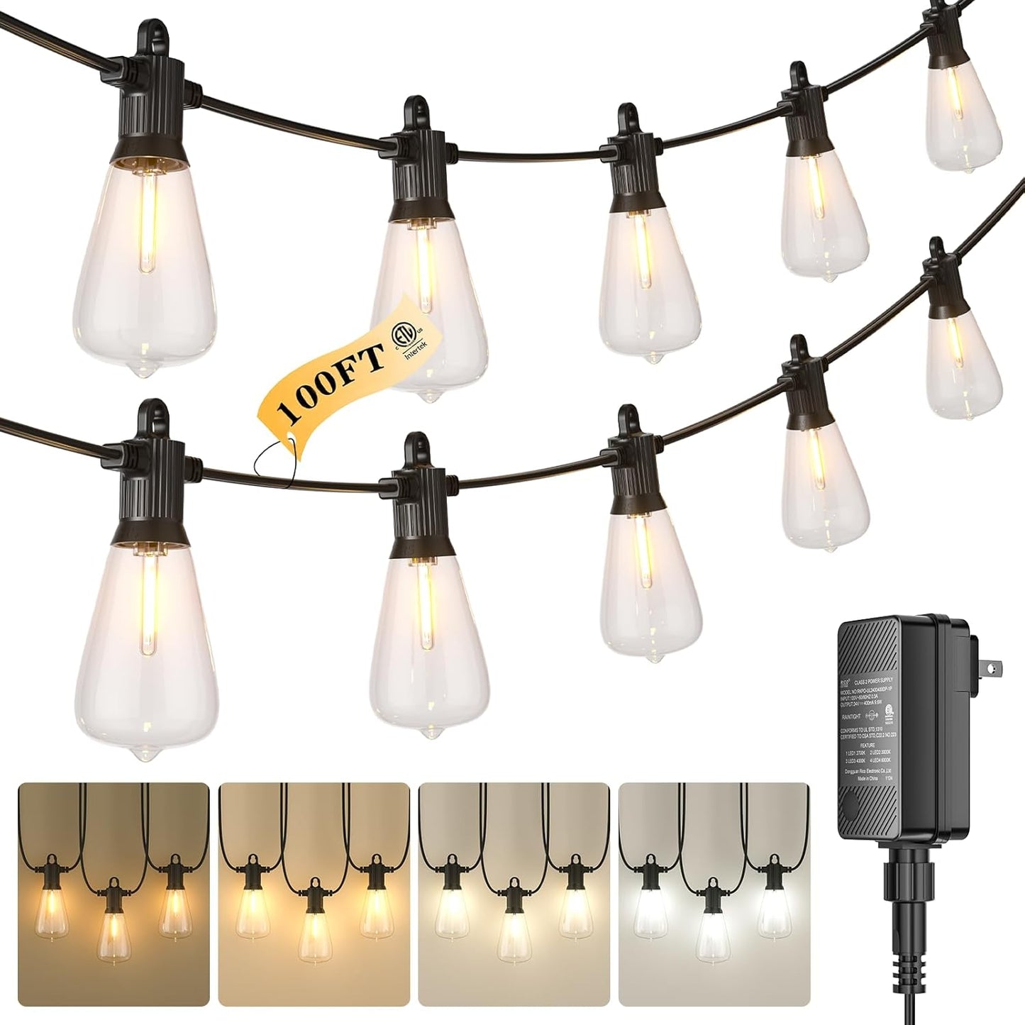 Kawaya Outdoor String Lights - 100FT Dimmable LED Edison Lights