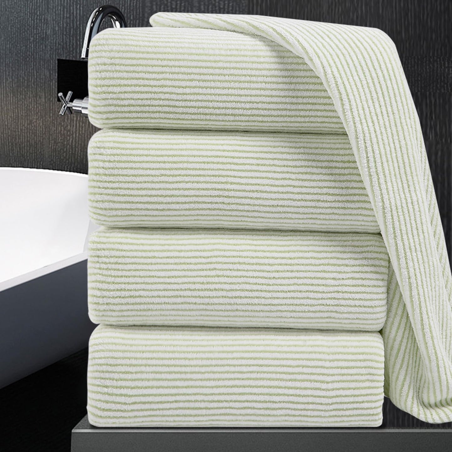 Oversized Bath Towel Set 4 Piece Ultra Soft Fluffy Green White
