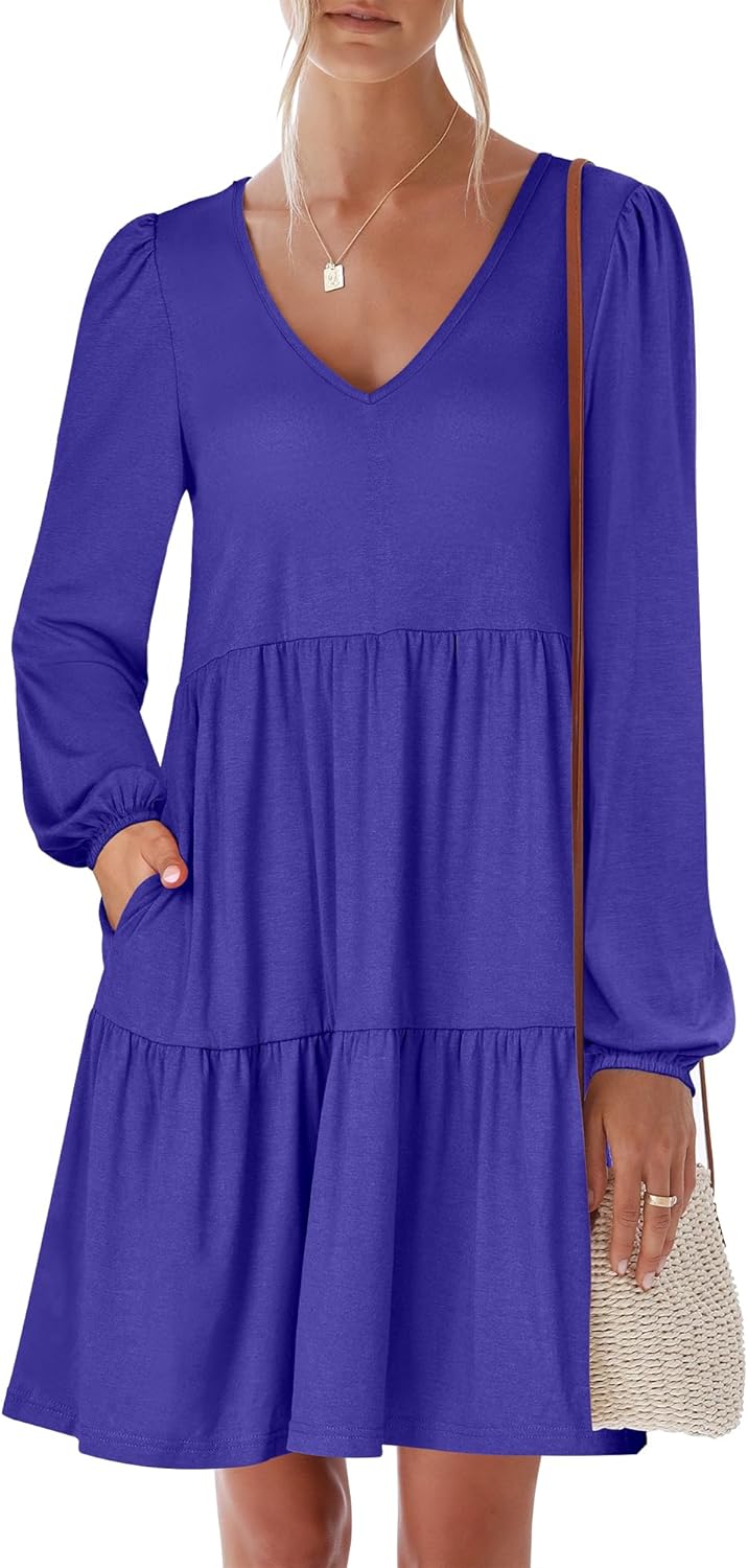 Womens Long Sleeve Dress for Fall Casual V Neck Tiered Style