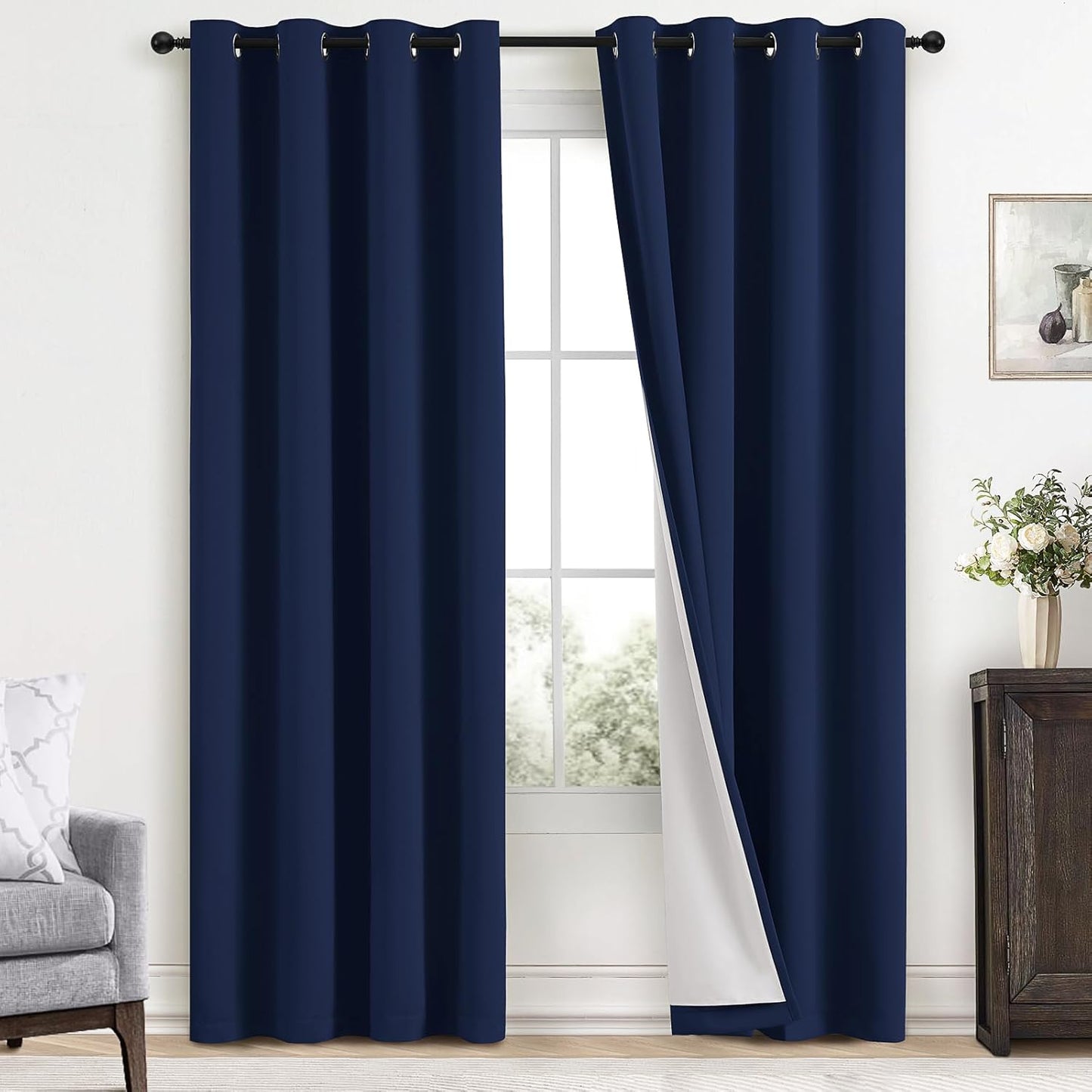 Yakamok Navy Blue 100% Blackout Curtains for Bedroom and Living Room