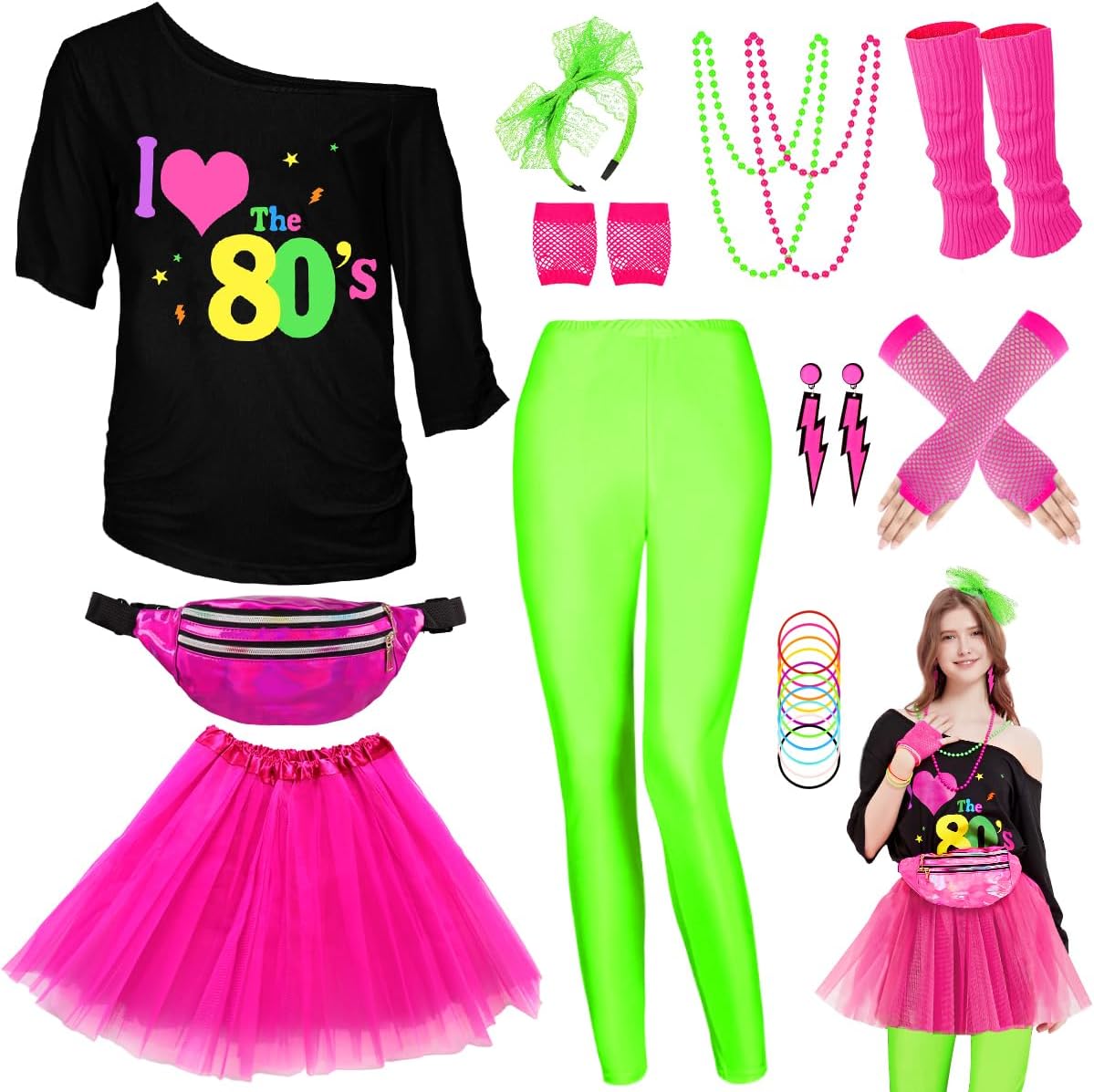 WlLDPARTY 80s Outfit Women Costume Accessories Set for Fun