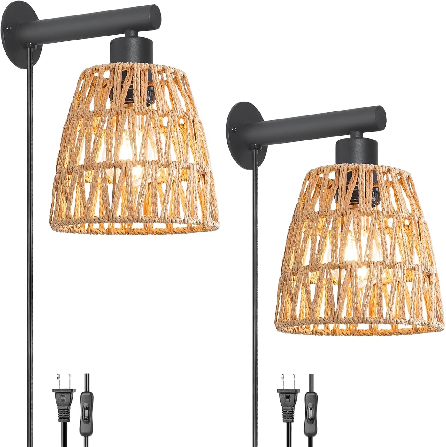Boho Plug in Wall Sconce Set of 2 for Farmhouse Style Lighting