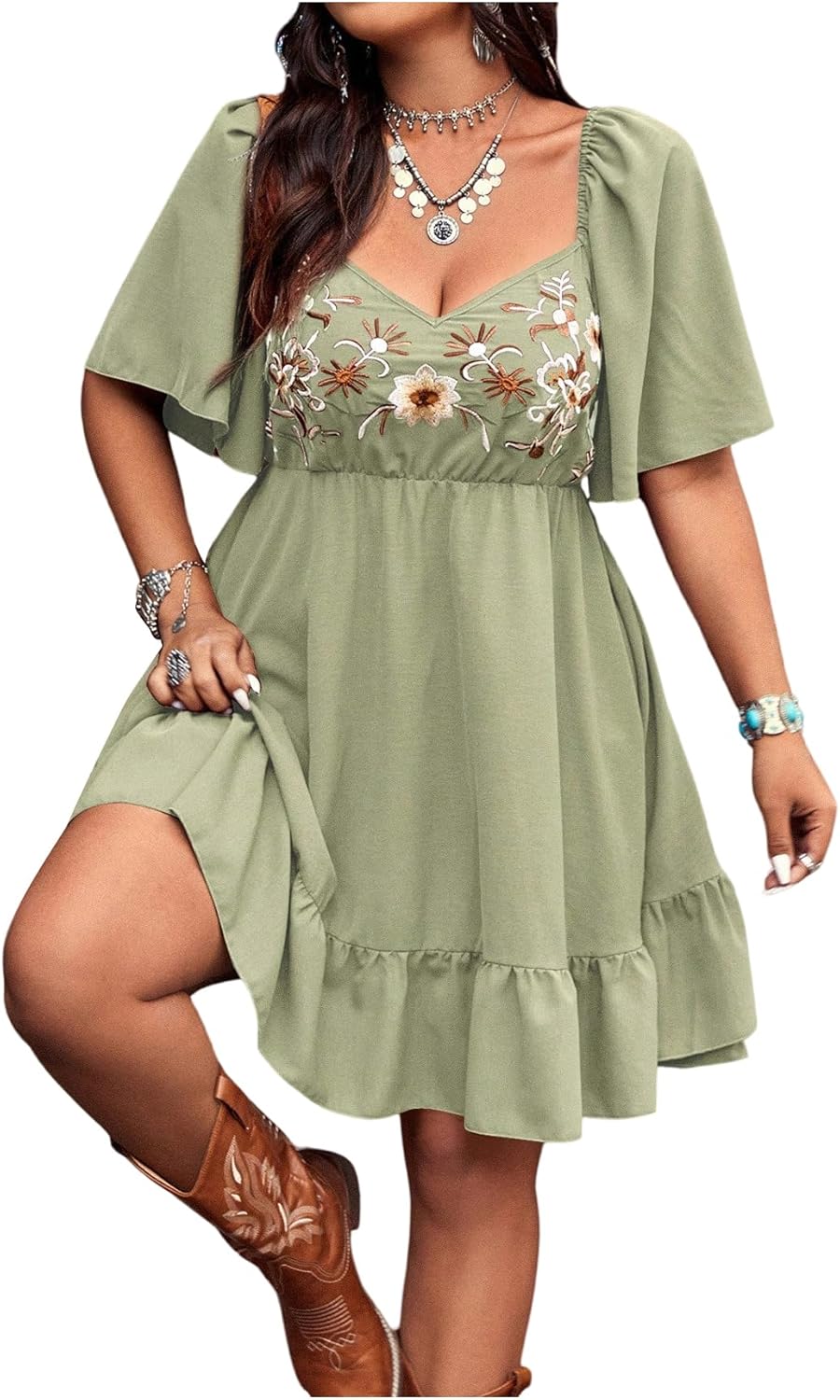 Plus Size Western Dress with Floral Embroidery for Women