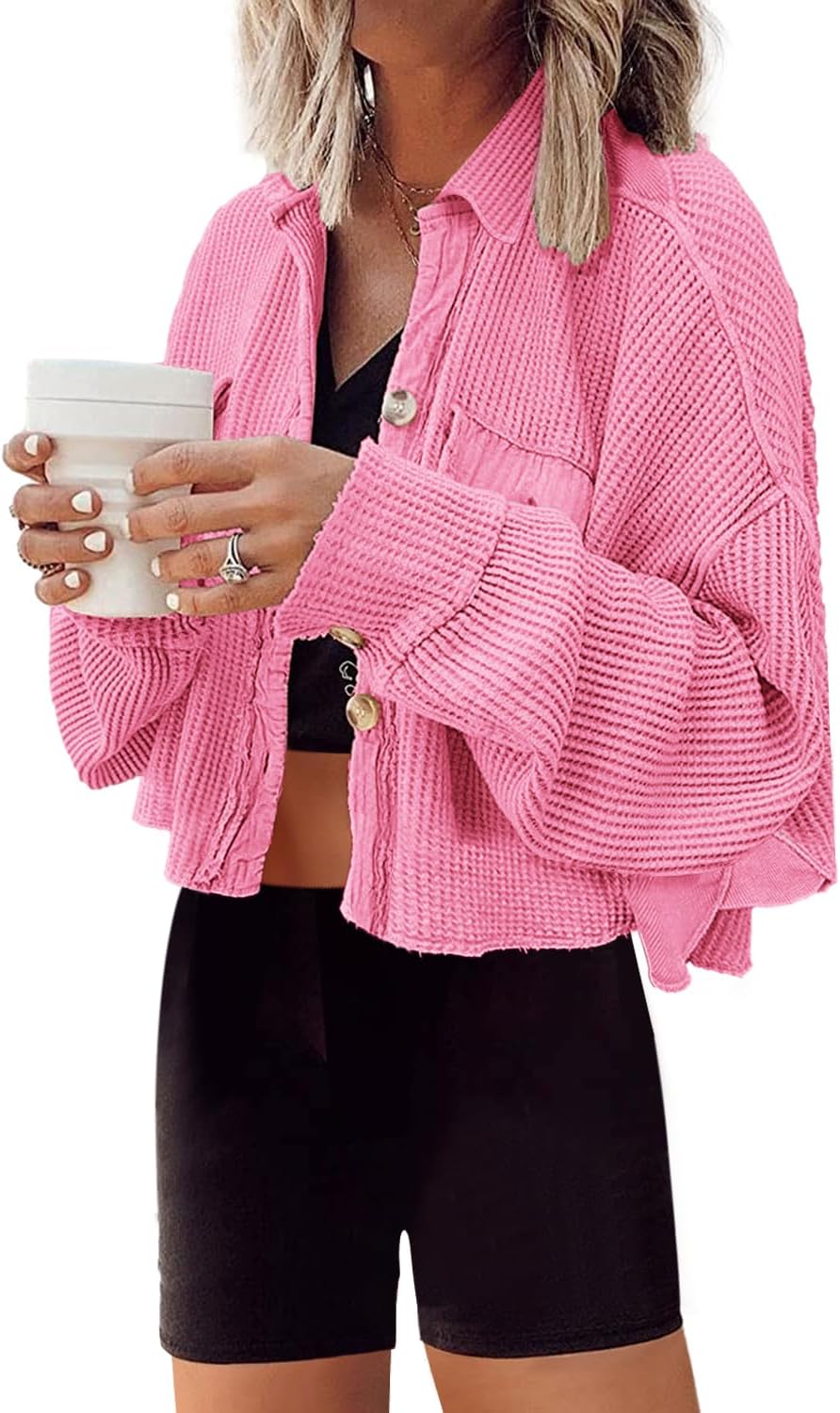 Cropped Waffle Knit Shacket for Women - Stylish and Comfy