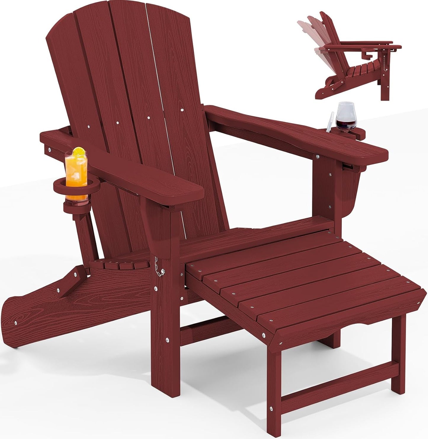 Folding Adjustable Adirondack Chair with Ottoman & Cup Holders