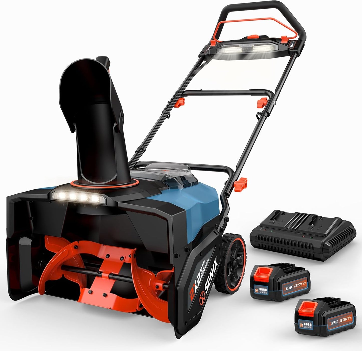 SENIX 2X2 40V Cordless Snow Blower with 21in Width and LED Lights