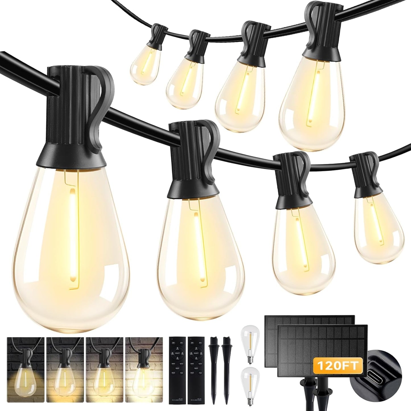 Solar String Lights Outdoor Waterproof with Remote & USB Port
