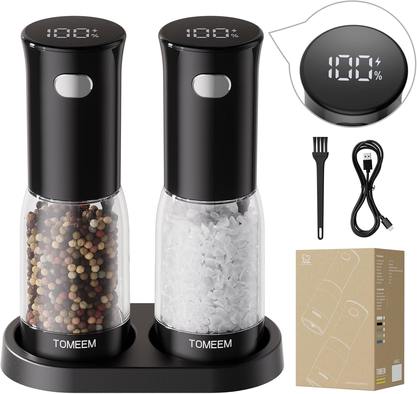TOMEEM Electric Salt and Pepper Grinder Set with LED Indicator
