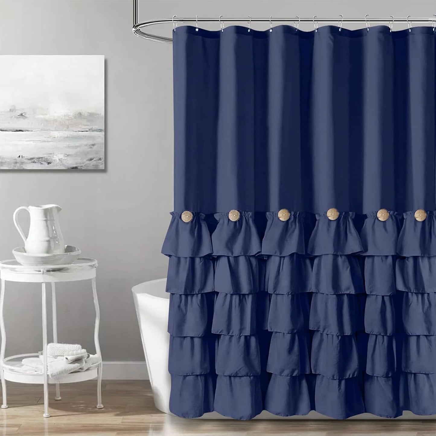 Navy Blue Shower Curtain with Ruffles for Farmhouse Style Bath