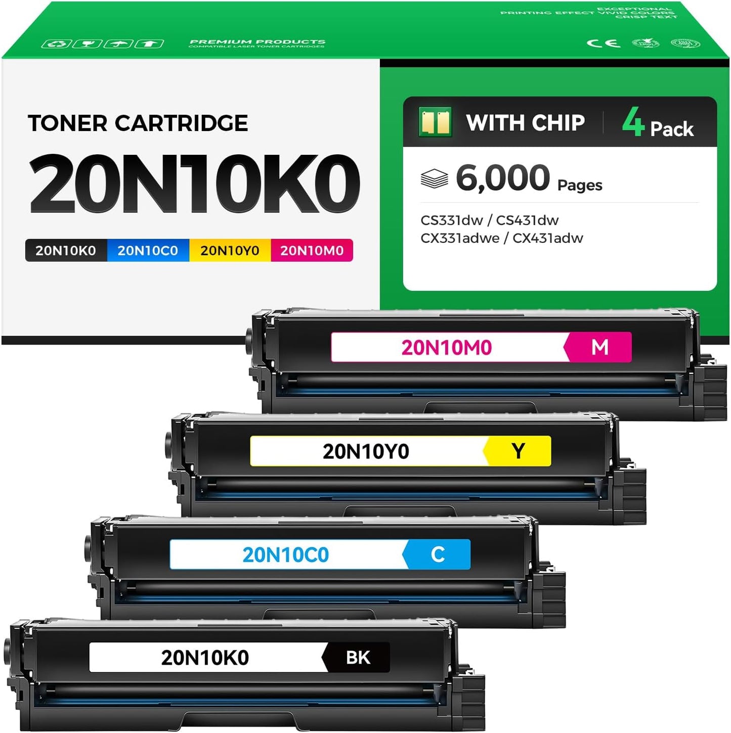 20N10 Toner Cartridges Set for Lexmark Printers - 4 Pack