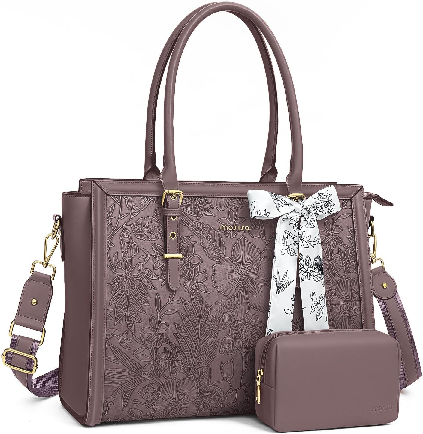 Stylish PU Leather Laptop Tote Bag for Women with Scarf