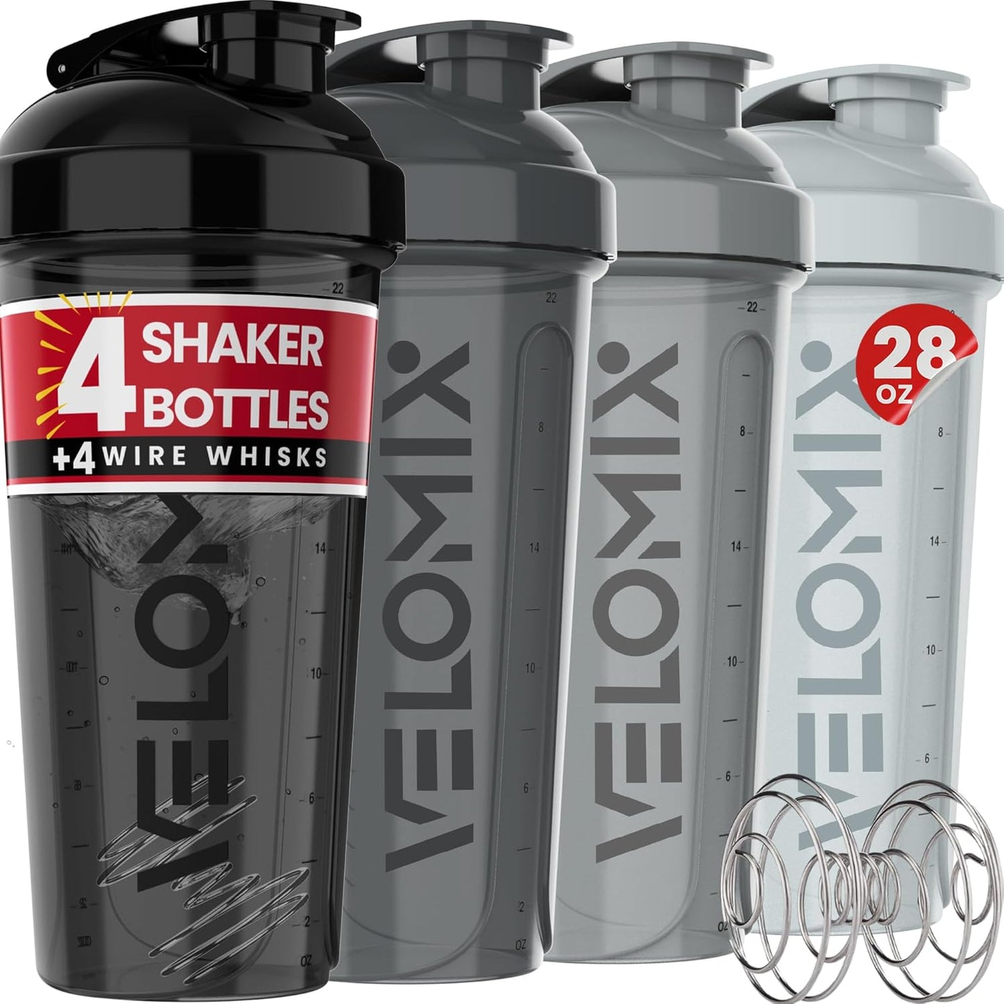 Leak Proof Protein Shaker - 4 Pack with Wire Whisk - VELOMIX