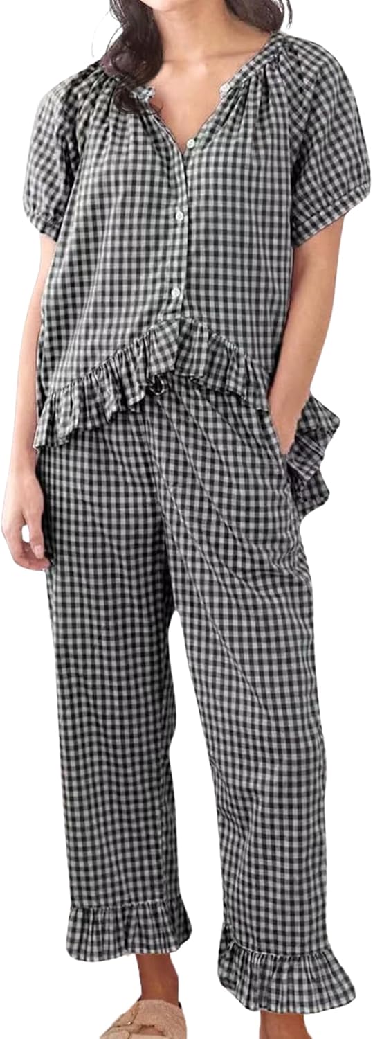 Womens Gingham Pajama Set for Cute Sleepwear and Comfort