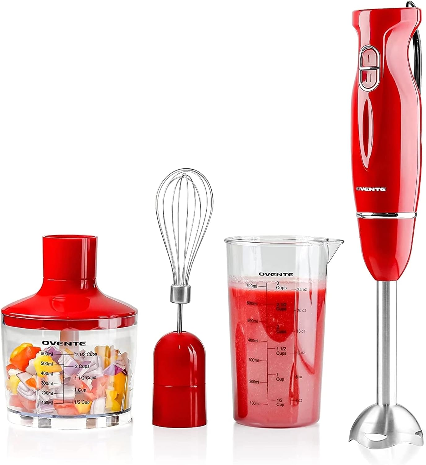 OVENTE 300W Hand Blender Set - Stainless Steel Blades - Red