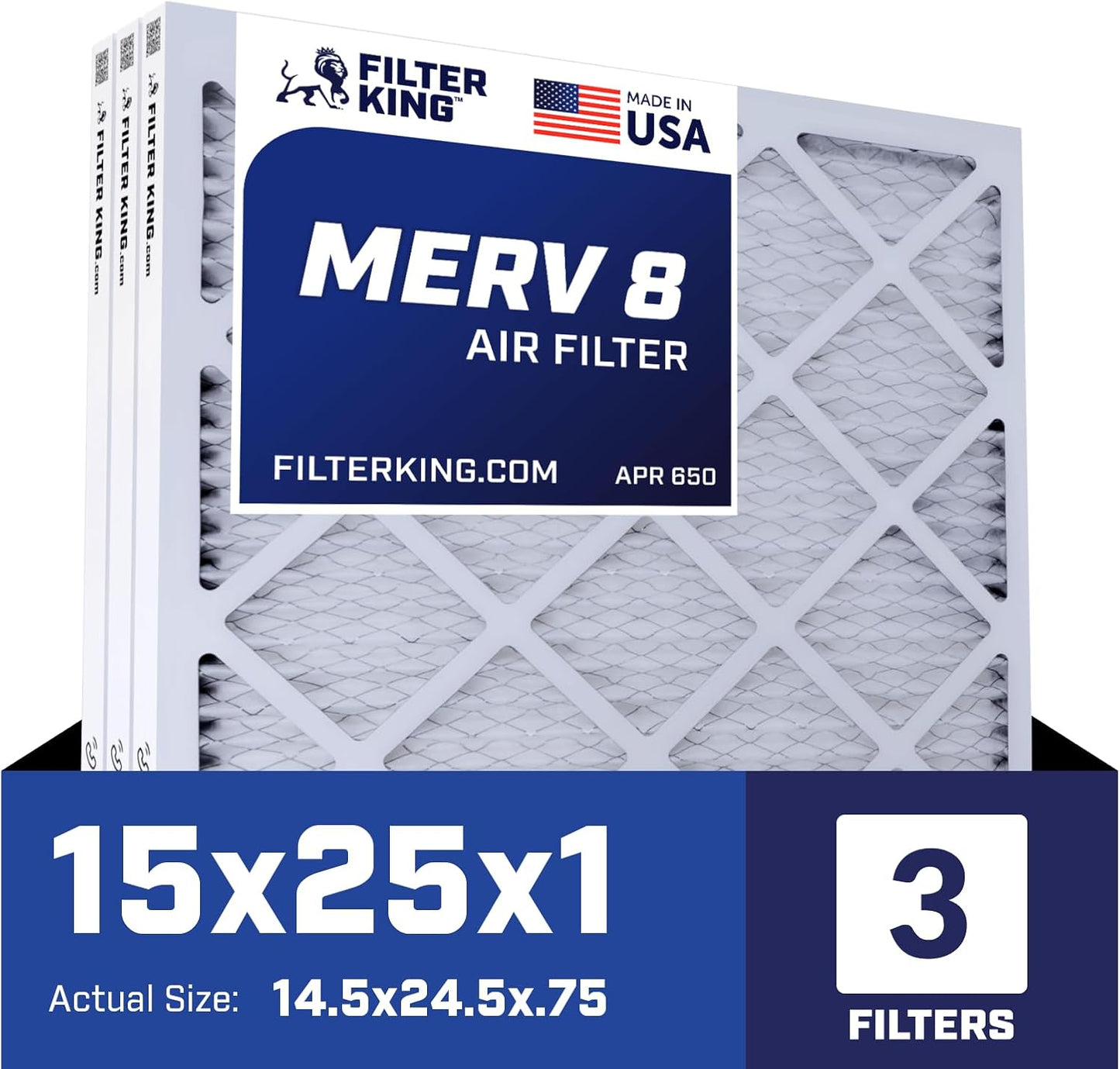 Filter King 15x25x1 Air Filter 3-Pack for HVAC Systems