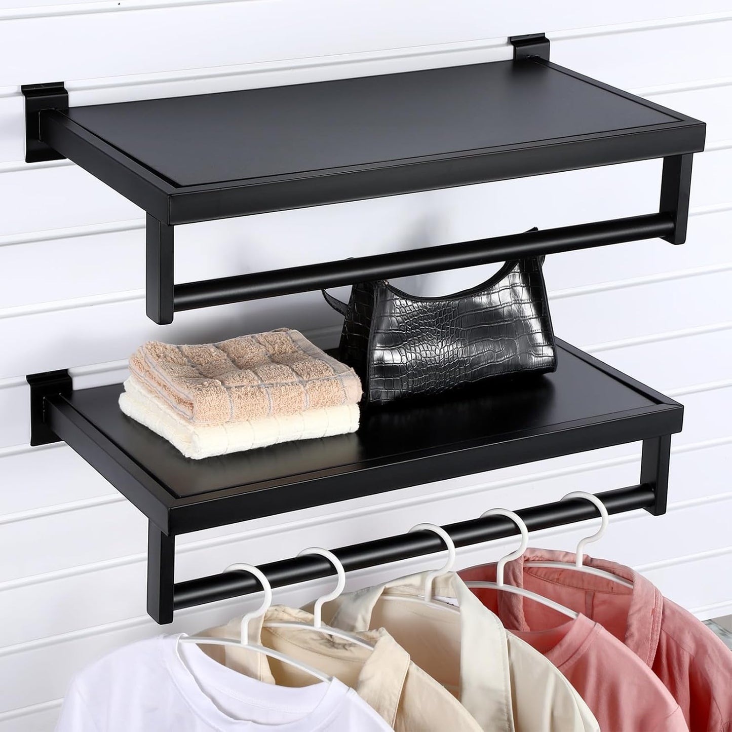 2 Pcs Black Slatwall Shelf Clothes Rack for Home and Retail