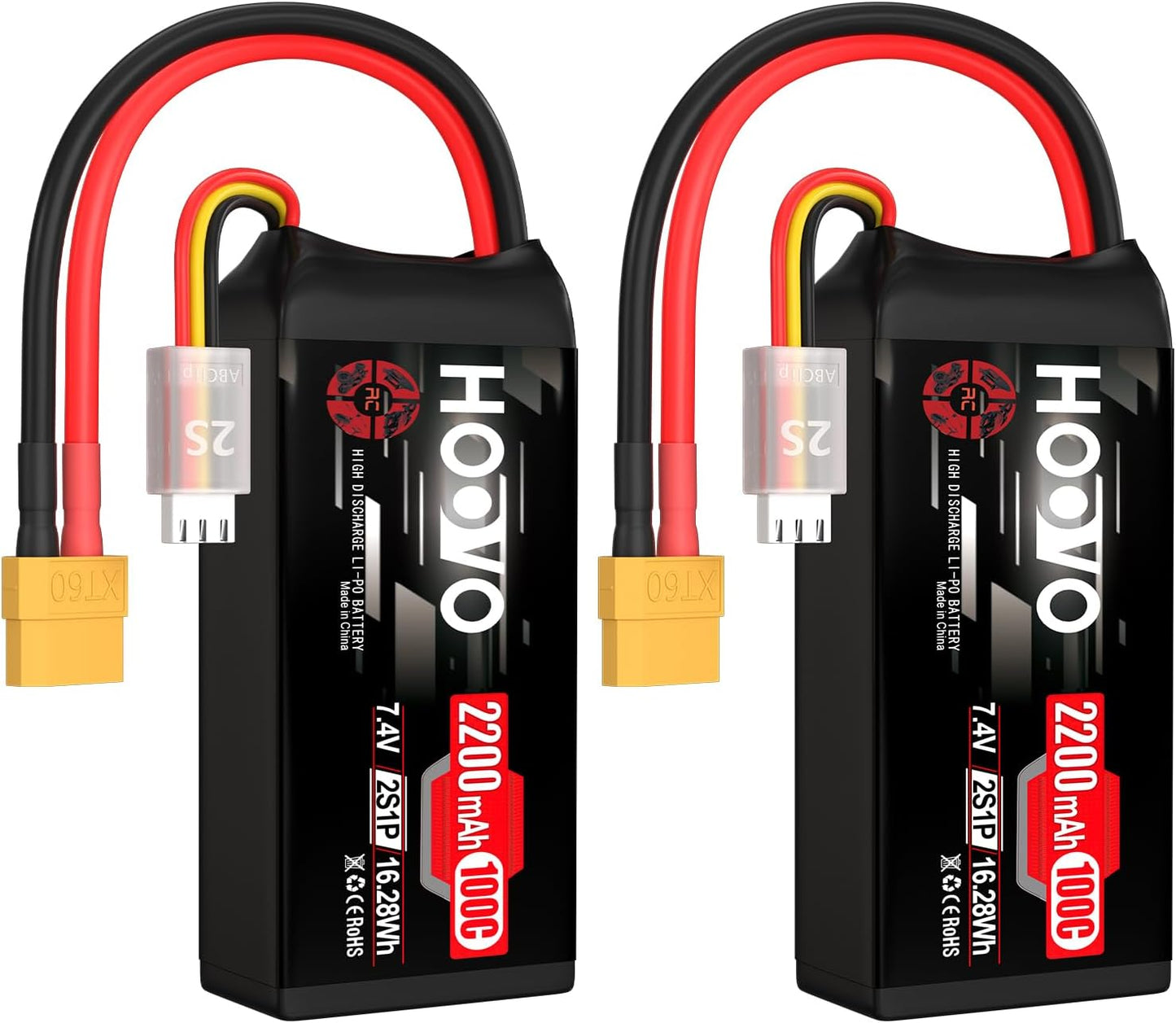 HOOVO 2S 2200mAh 100C Lipo Battery for RC Hobbies - 2 Pack