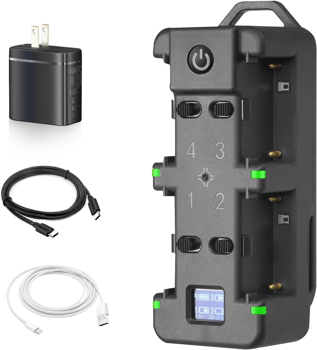 4-Channel NP-F Battery Fast Charger with LCD Screen and USB-C