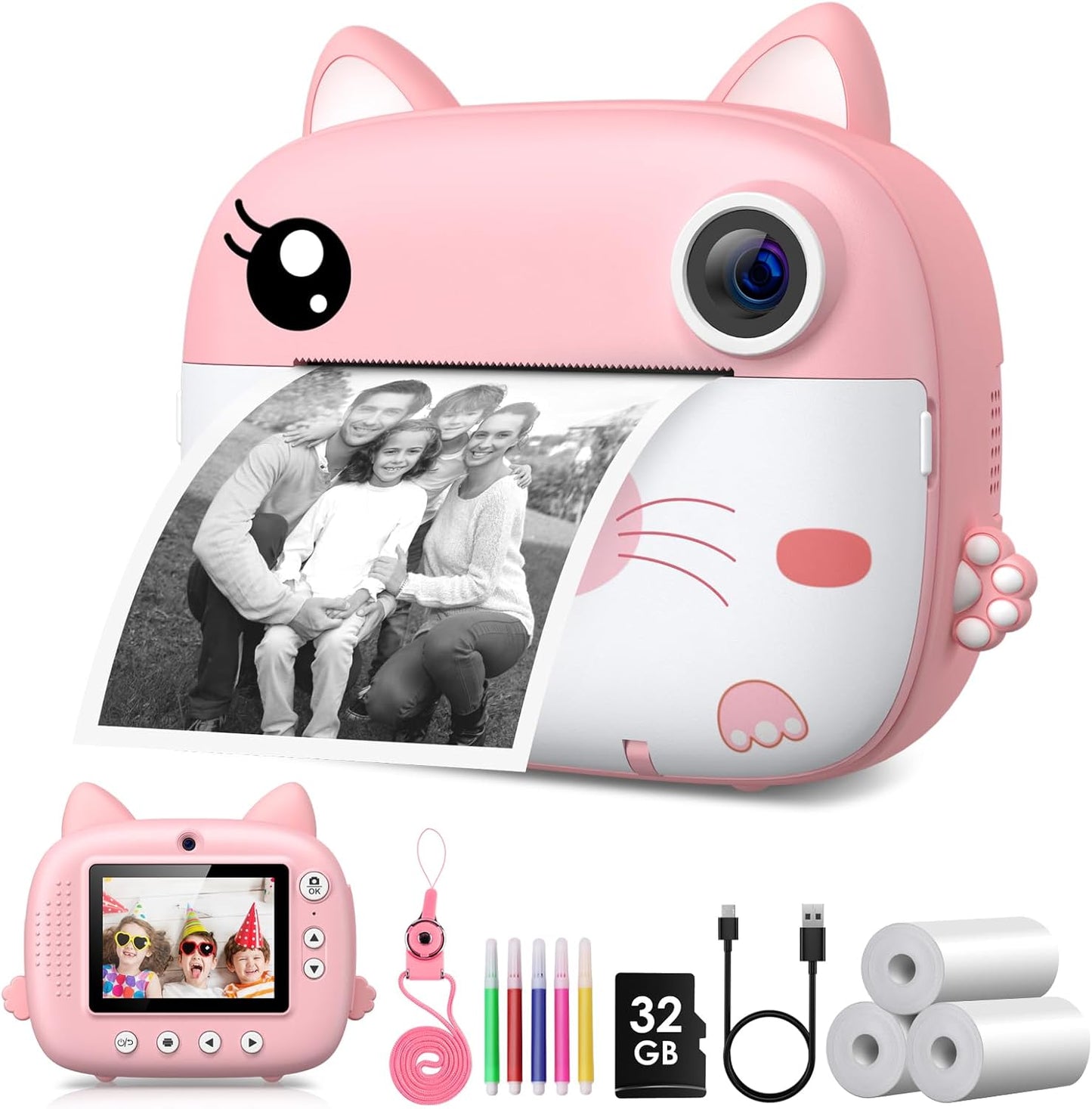 Instant Print Kids Camera, HD Screen, Portable Travel Toy, 32GB Card, 3 Rolls Paper - Perfect Gift for Kids!