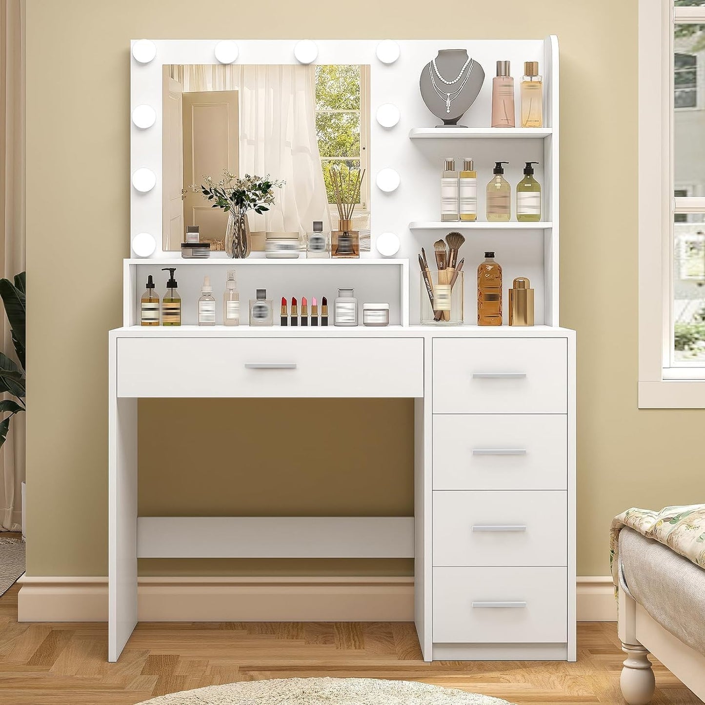 Quimoo Makeup Vanity Desk with Lights & Storage