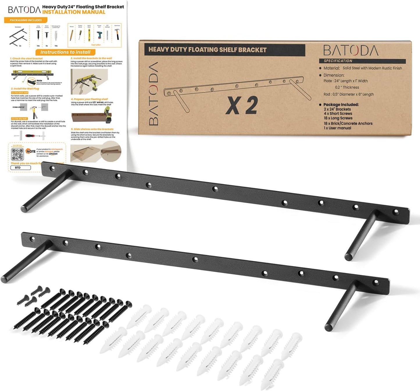 BATODA 24in Heavy Duty Floating Shelf Bracket for Shelving