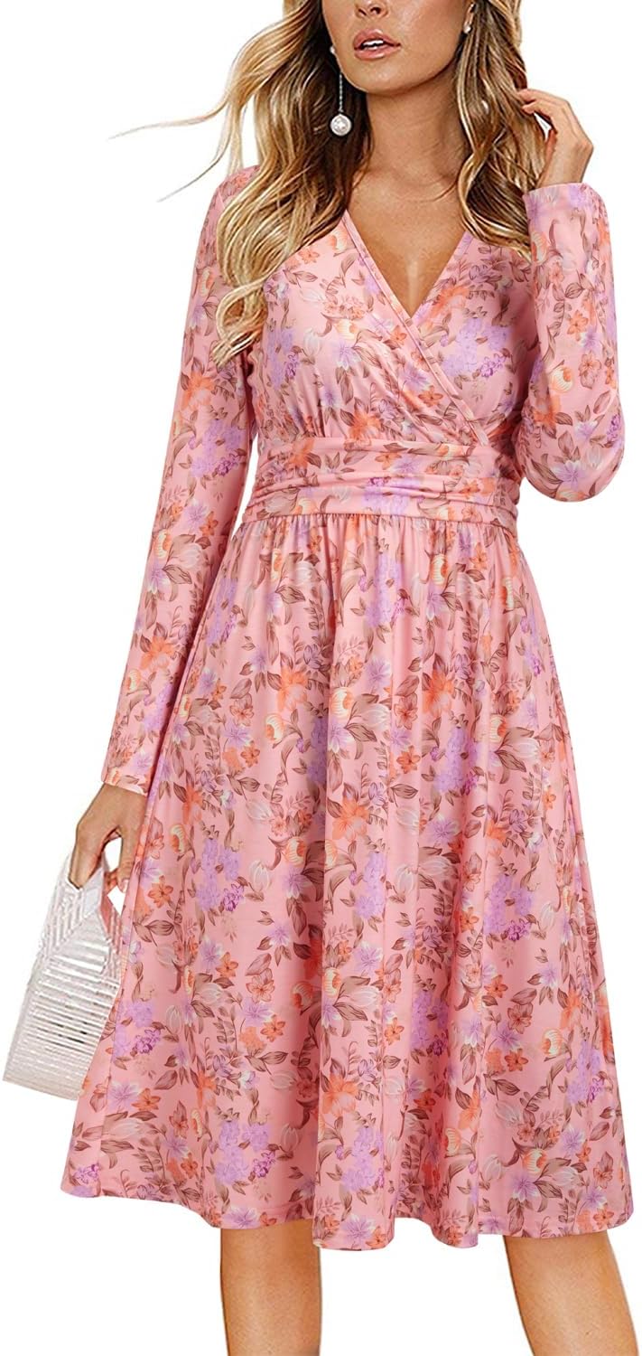 OUGES Women's Fall Long Sleeve Dress with Pockets for Weddings