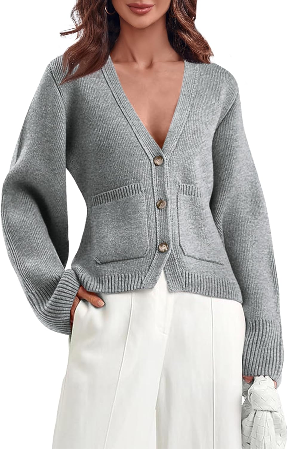Saodimallsu Womens Deep V Neck Cardigan Sweater with Pockets