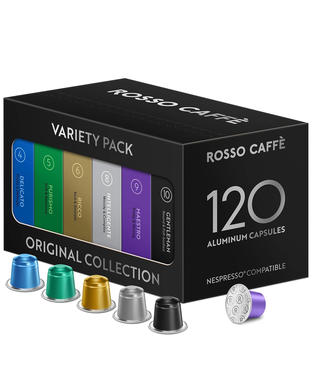 ROSSO CAFFE Nespresso Capsules - 120 Variety Pack - Premium Aluminum Pods - Breakfast, Med, Dark Roast