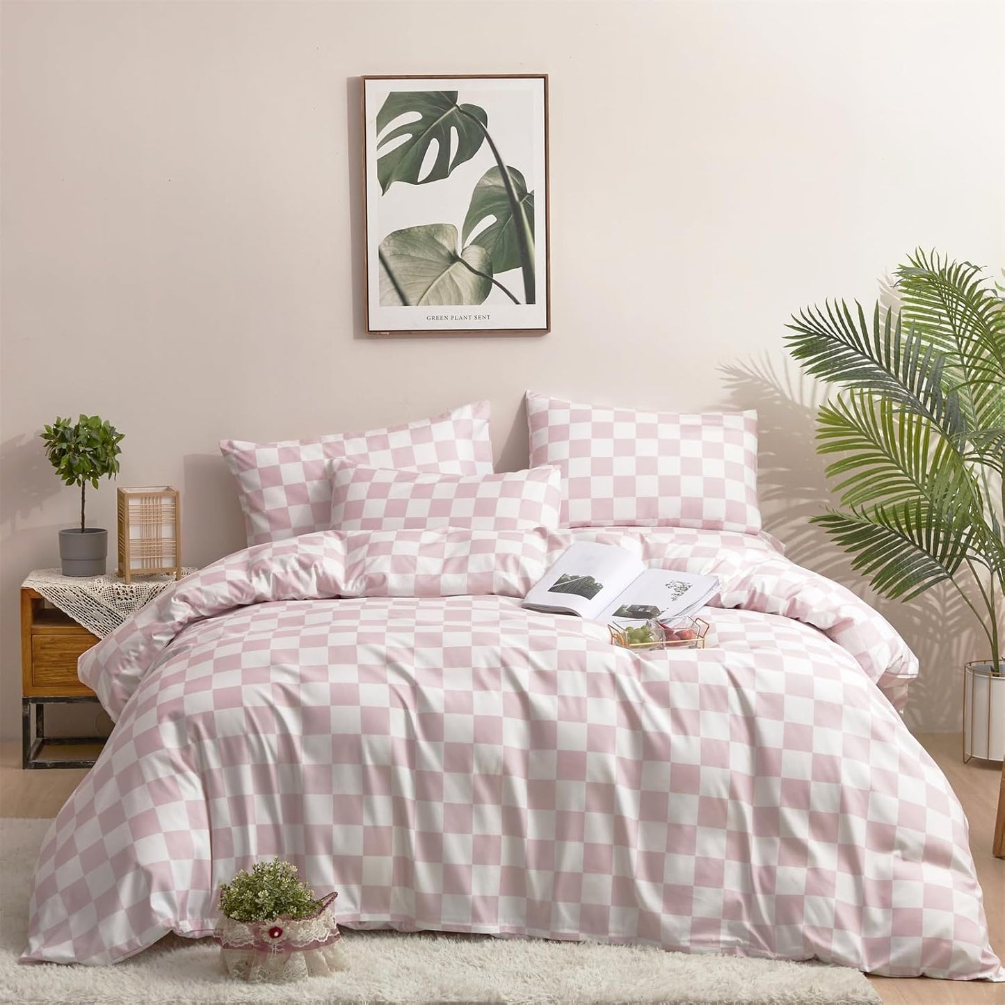 CLOTHKNOW Pink White Plaid Comforter Set for Twin XL Bedding