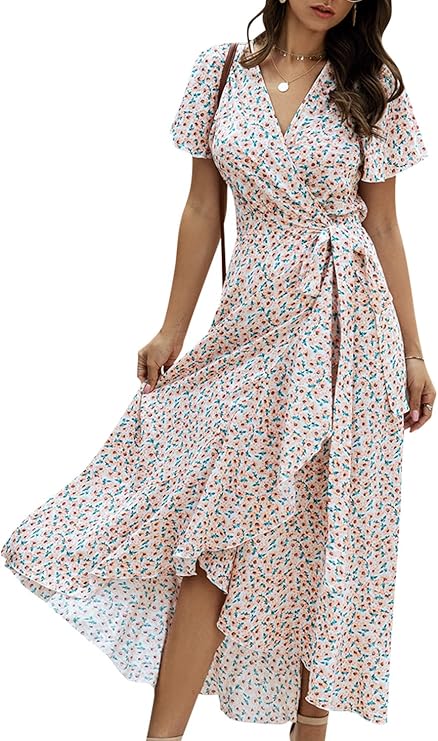 BerryGo Women's Boho V Neck Ruffle Floral Wrap Maxi Dress Review