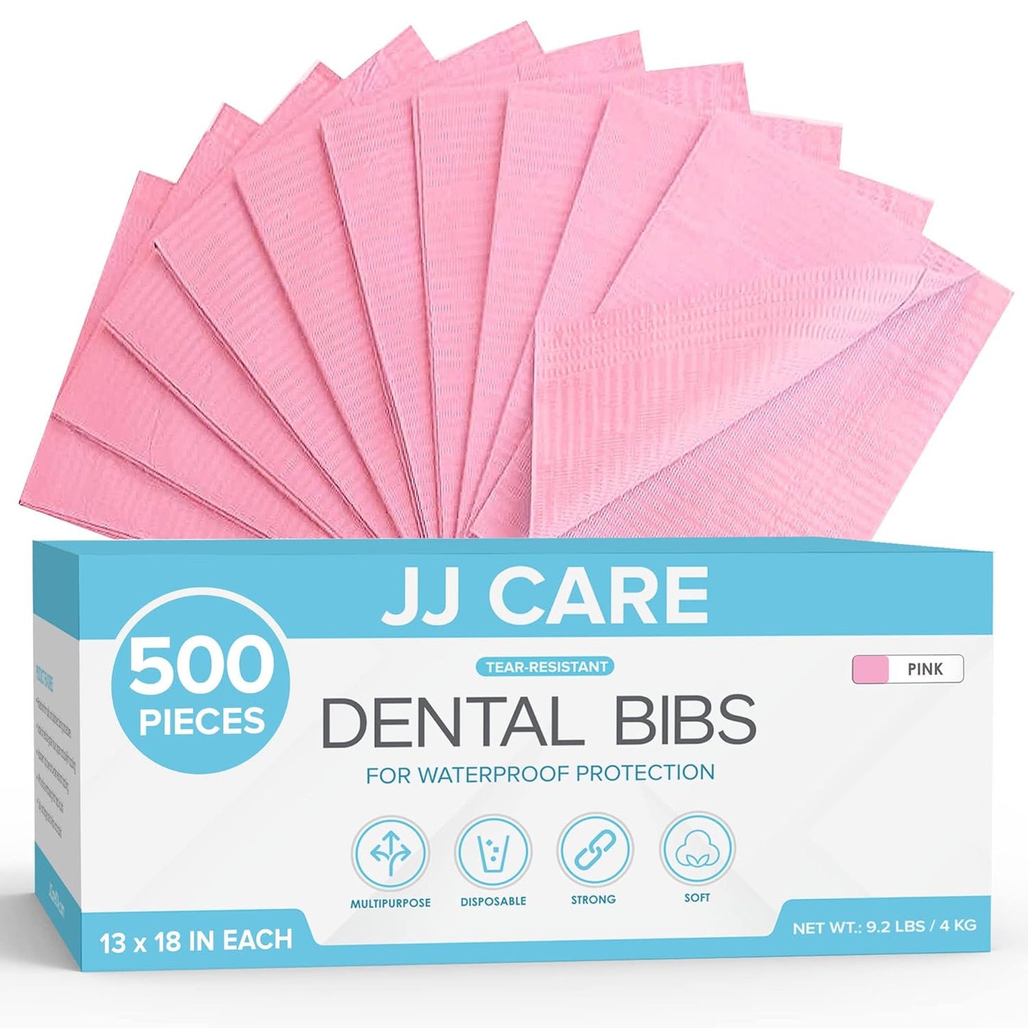JJ CARE Dental Bibs Pack of 500 - 13in x 18in Pink Bibs