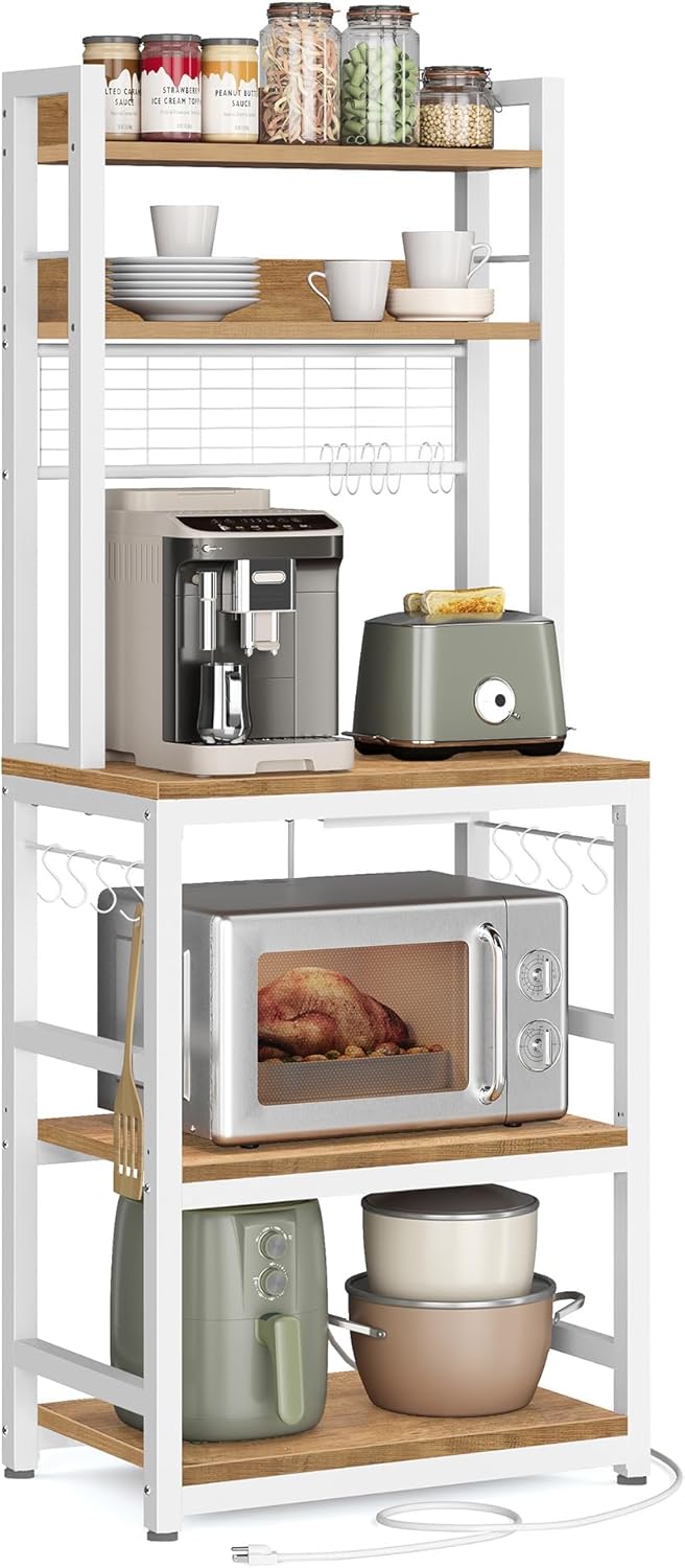 Rustic Kitchen Baker's Rack with Power Outlet & Storage