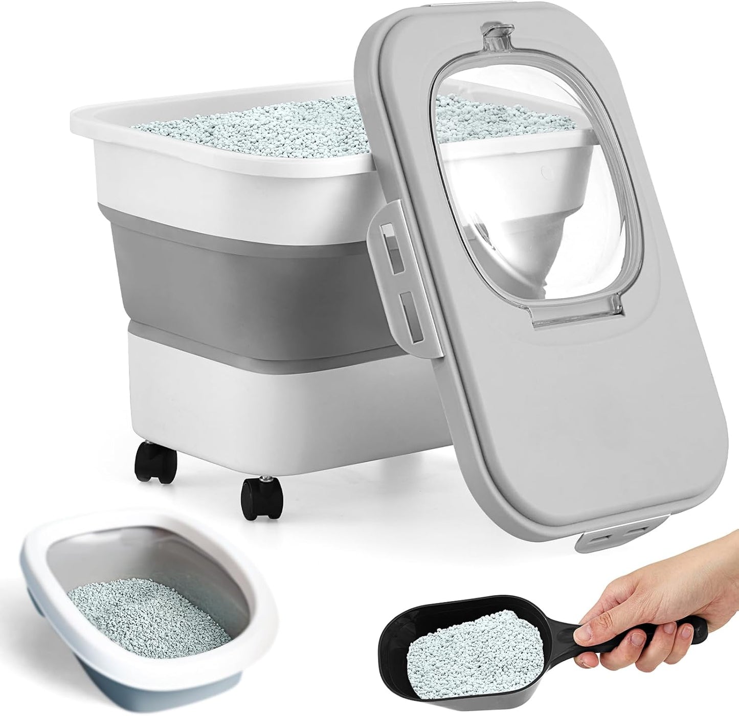 Collapsible Cat Litter Storage Bin with Airtight Lids and Wheels