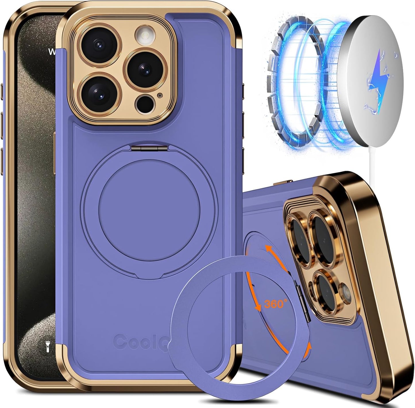 COOLQO iPhone 15 Pro Max Case with 360 Spin Magnetic Stand