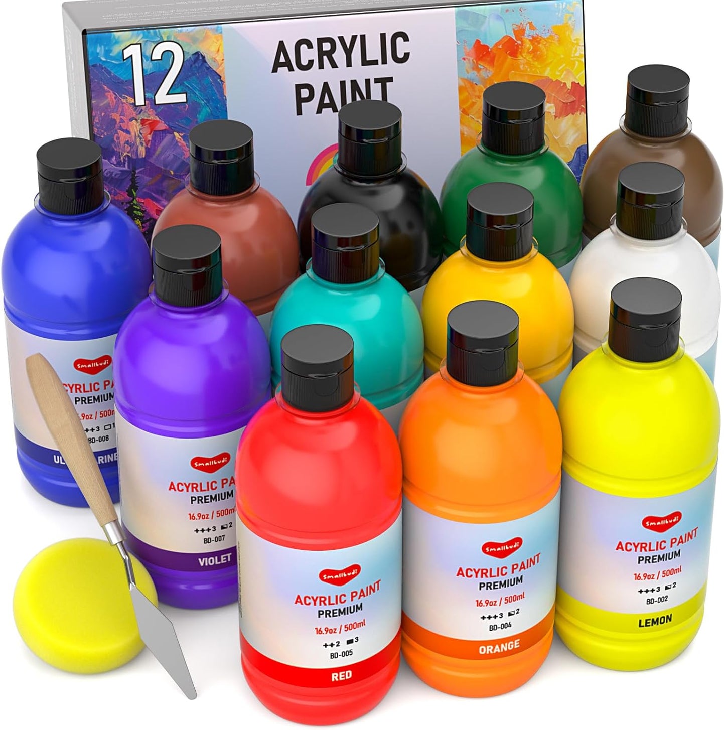 Vibrant 12 Color Large Acrylic Paint Set (16.9 oz) - Non-Toxic Art Supplies for Artists by Smallbudi