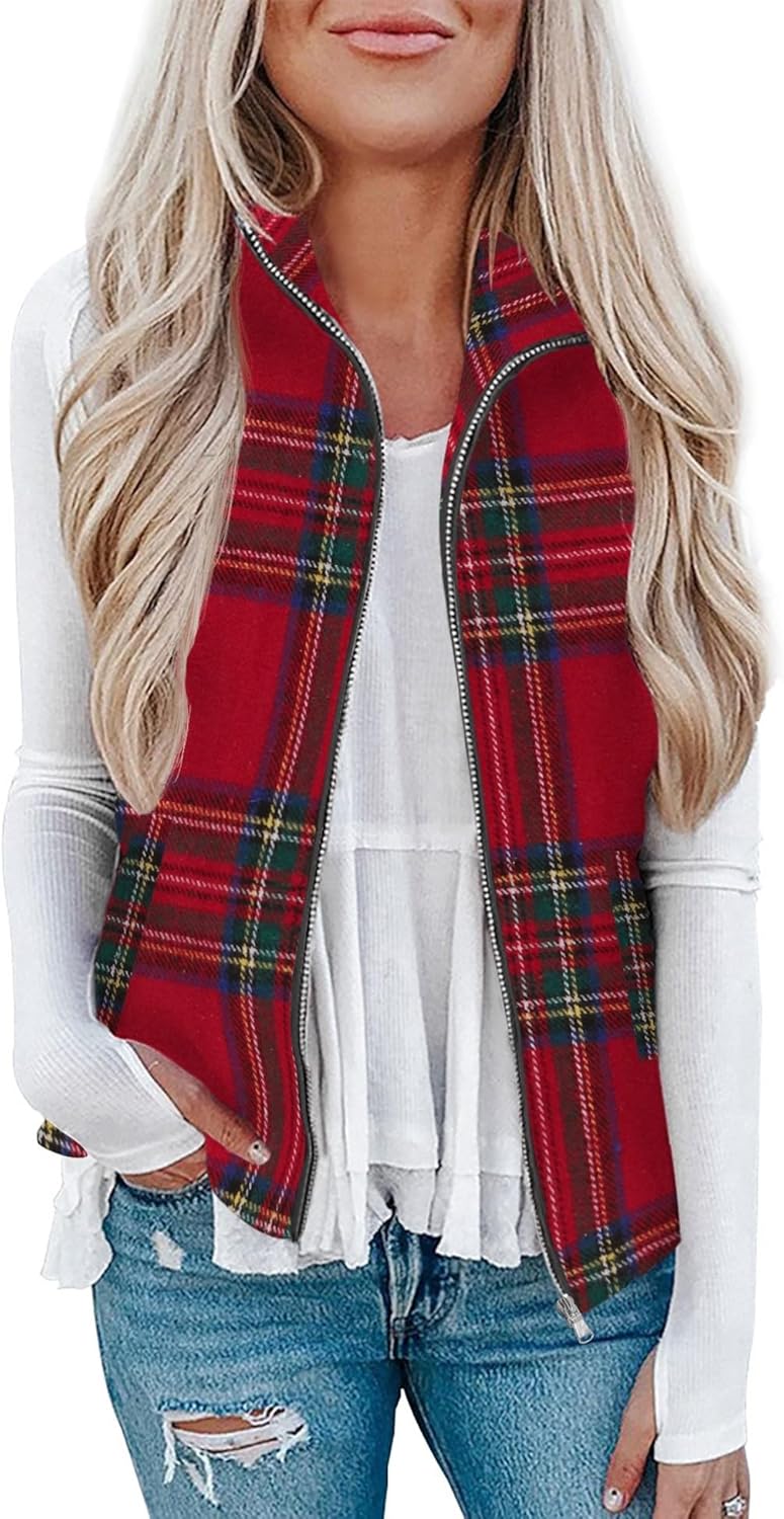 Stylish Women's Plaid Outerwear Vest with Pockets for All Occasions