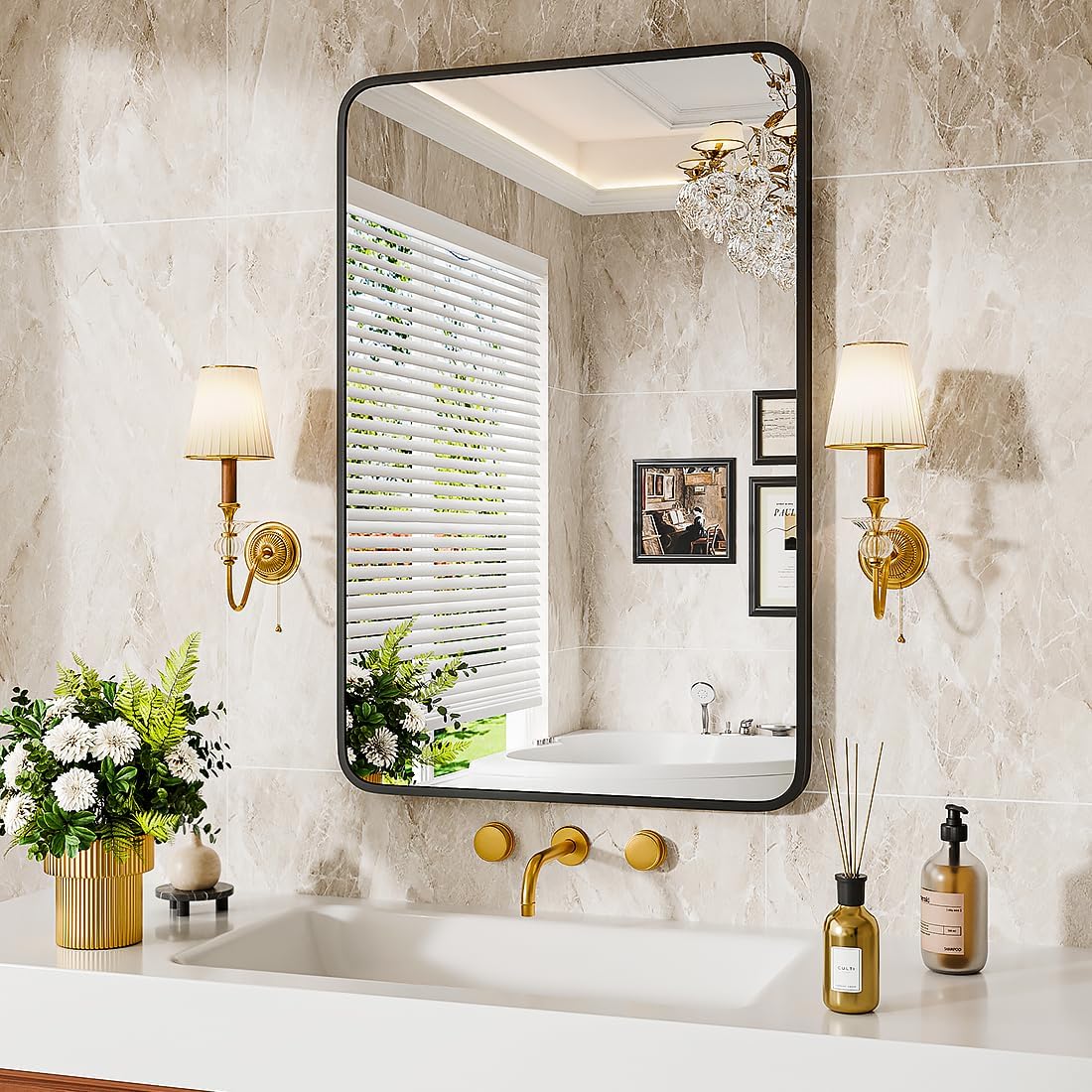 Black Metal Framed Bathroom Mirror - 24X36 Inch Rounded Design