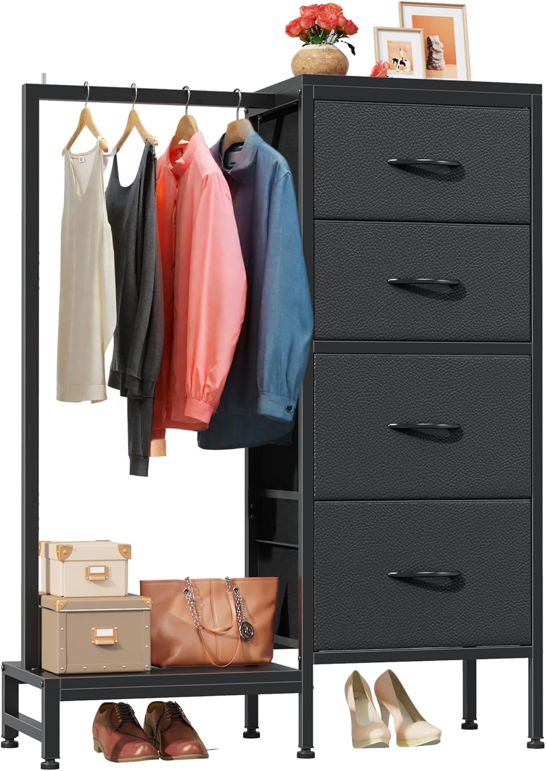 Dresser with Hanging Rack and 4 Drawers for Bedroom Storage