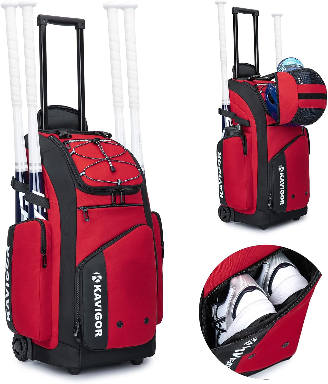 Rolling Baseball Bag with Wheels for Youth Players and Equipment