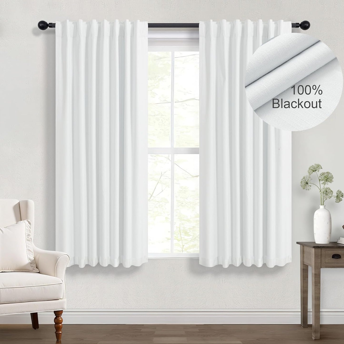 Elegant White Black Out Curtains for Living Room 54 Inch Long