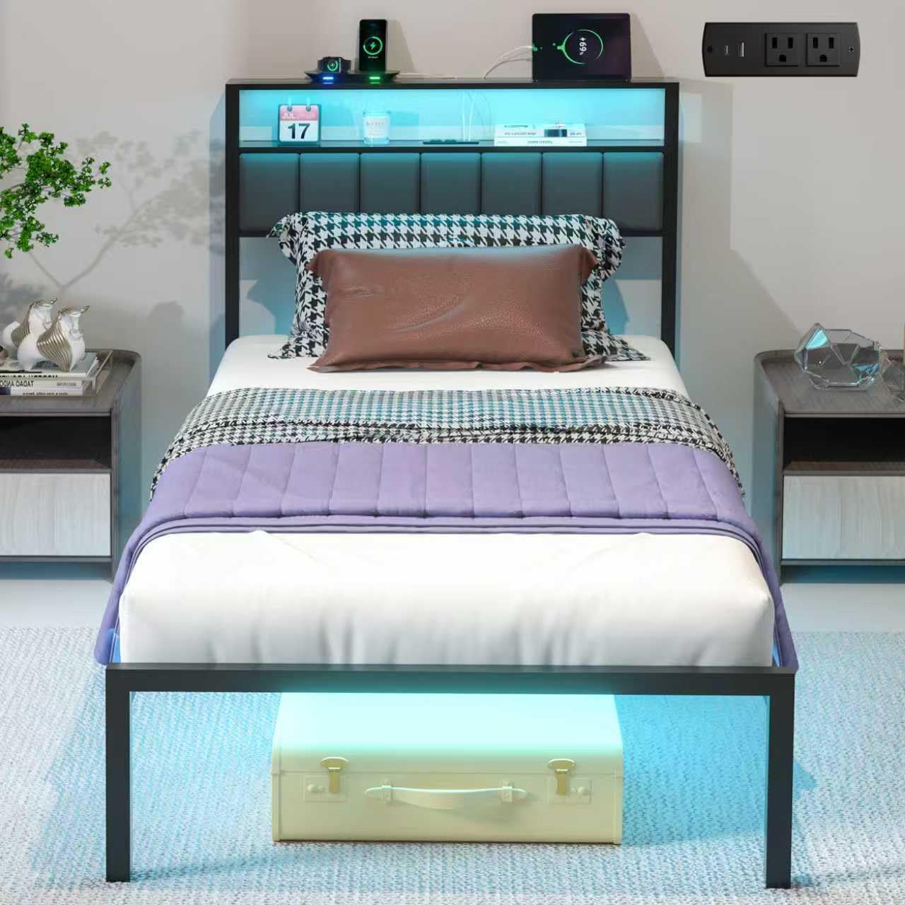 Twin Bed Frame with LED Lights and Charging Station for Comfort