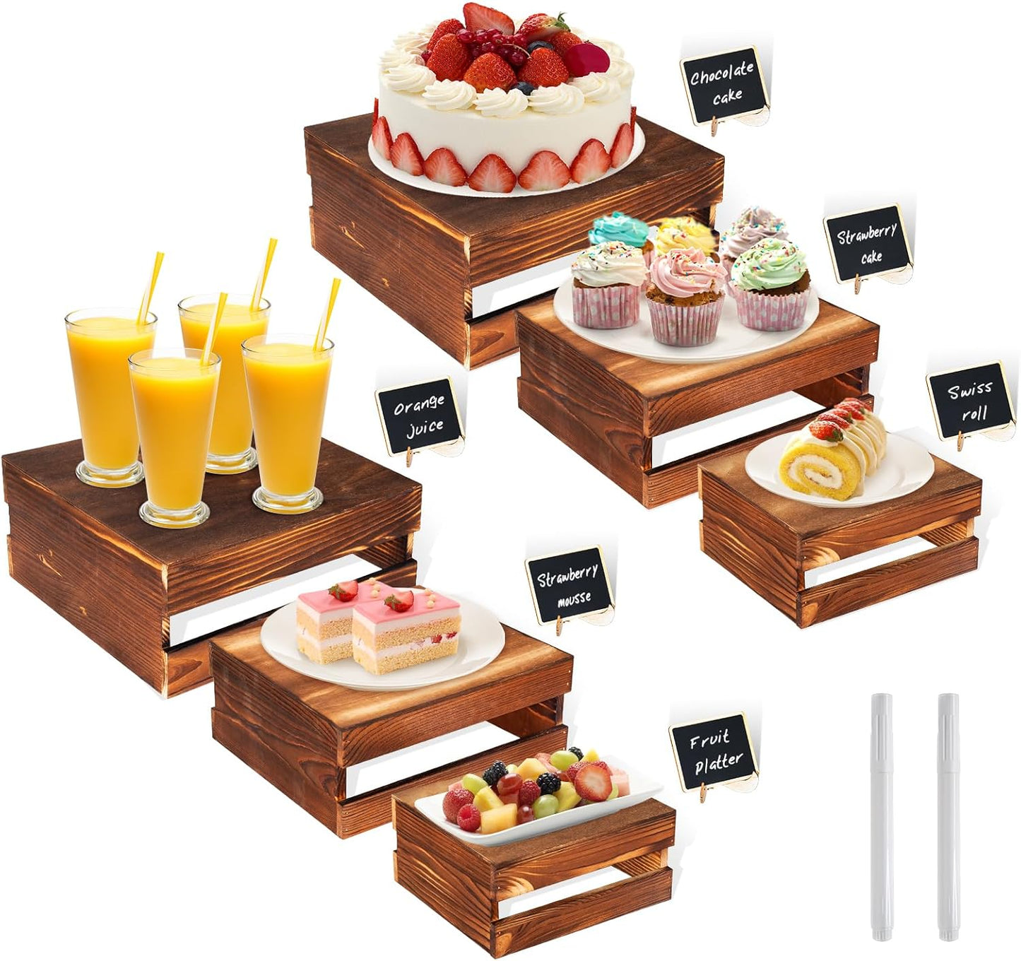 6 Pcs Rustic Wood Cake Stands for Buffet Table Display
