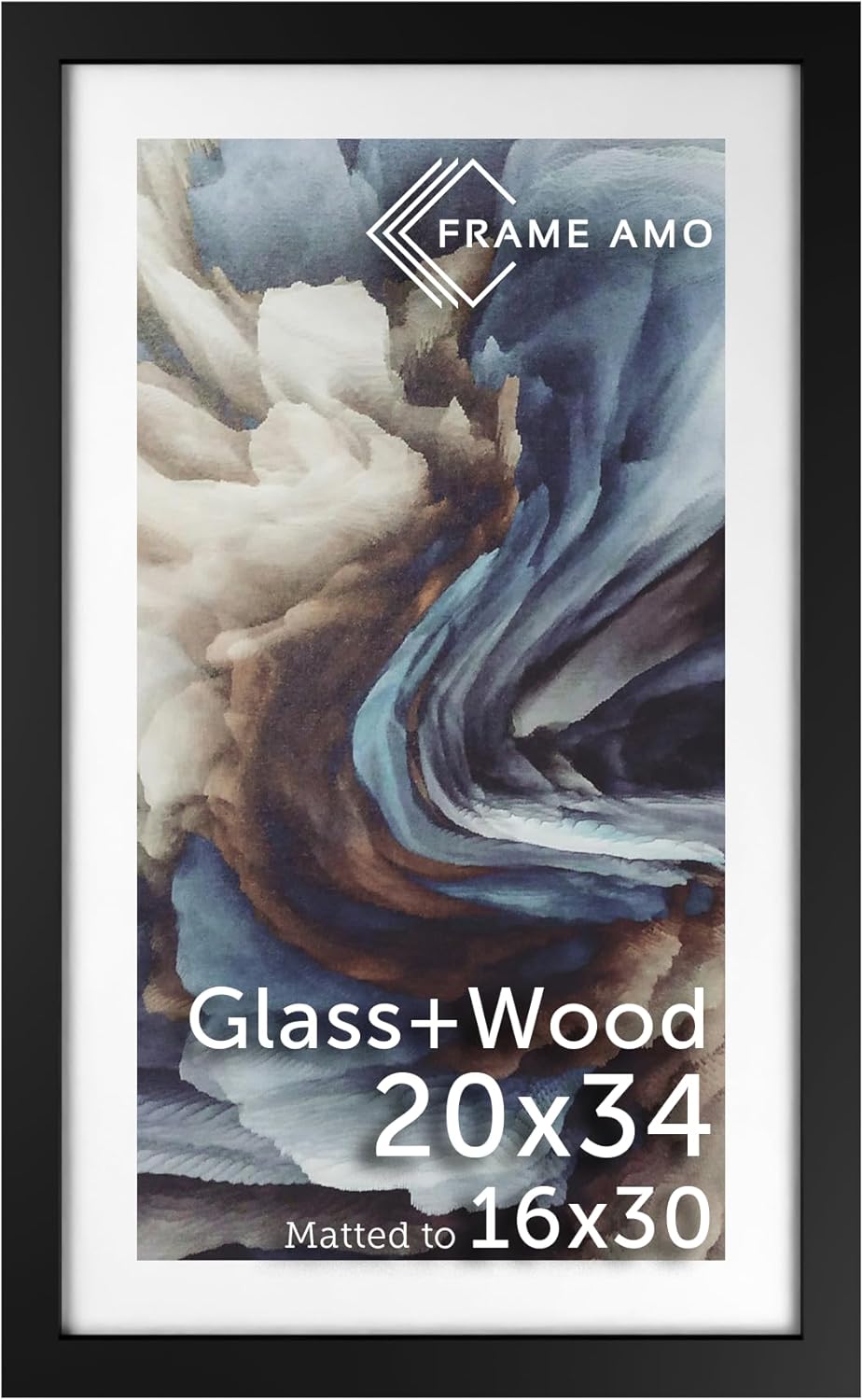 Black Solid Wood Poster Frame with White Mat for 16x30 Images