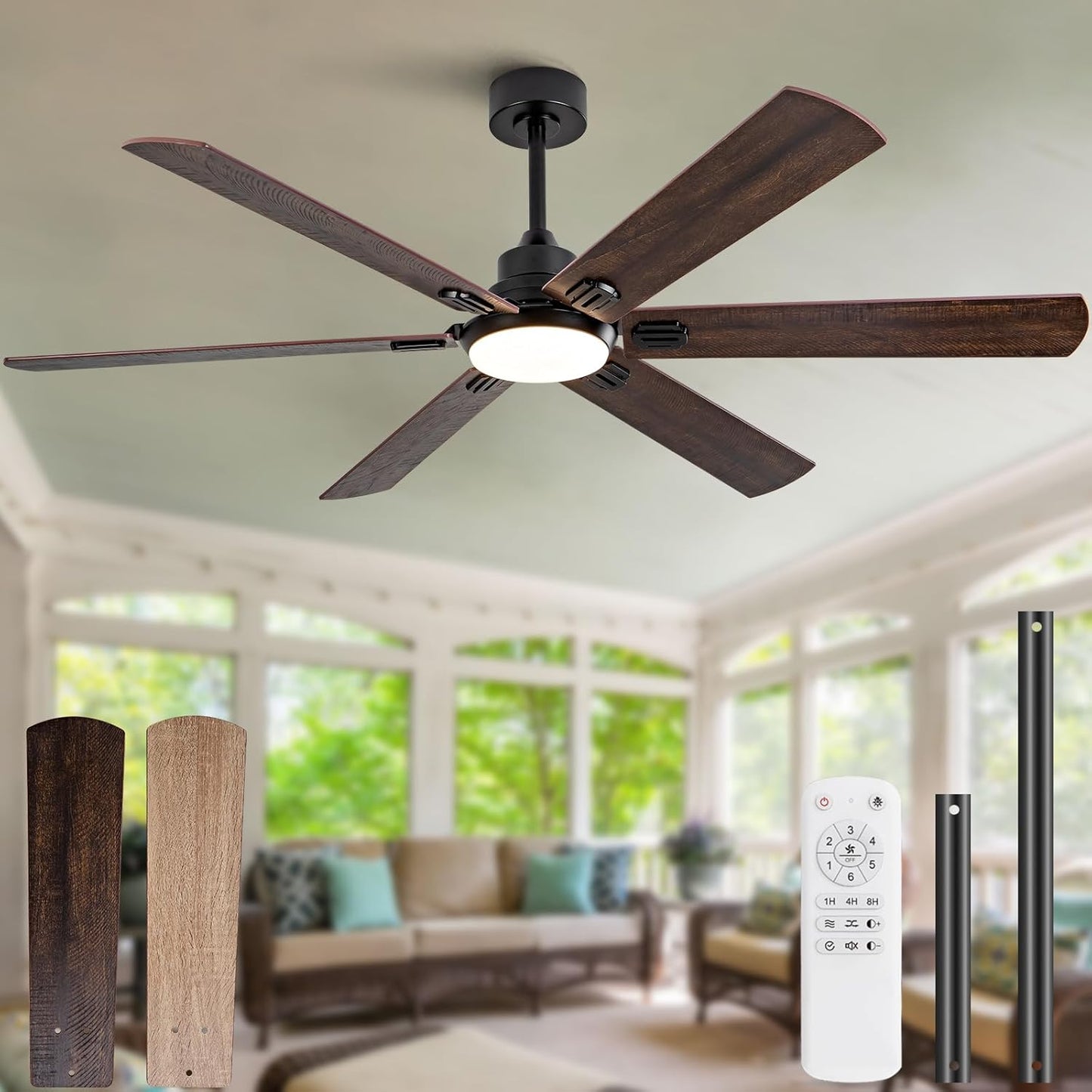60 Inch Black Outdoor Ceiling Fan with Lights and Remote Control