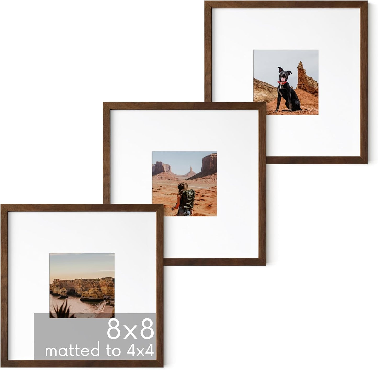 Walnut Square Frames 8x8 Matted to 4x4 - Set of 3 for Home