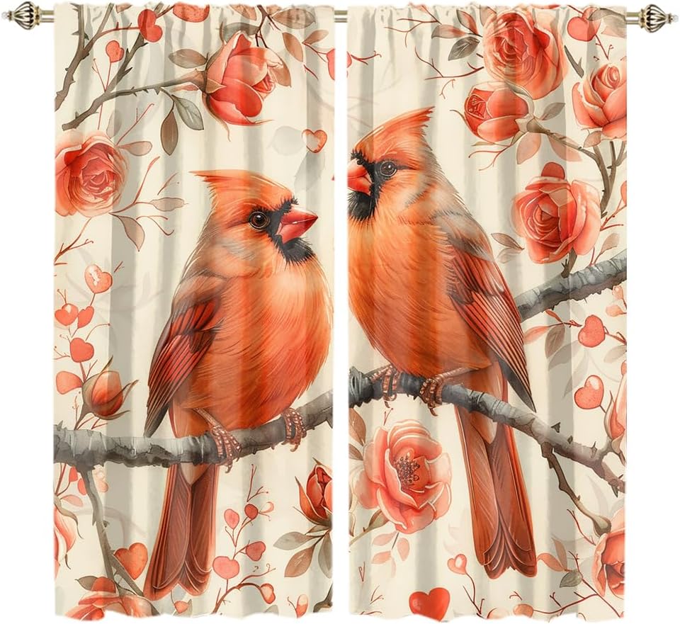 Rustic Watercolor Cardinal Blackout Curtains - Merry Christmas Bird Theme - 2 Panels 45x21 - Denruny