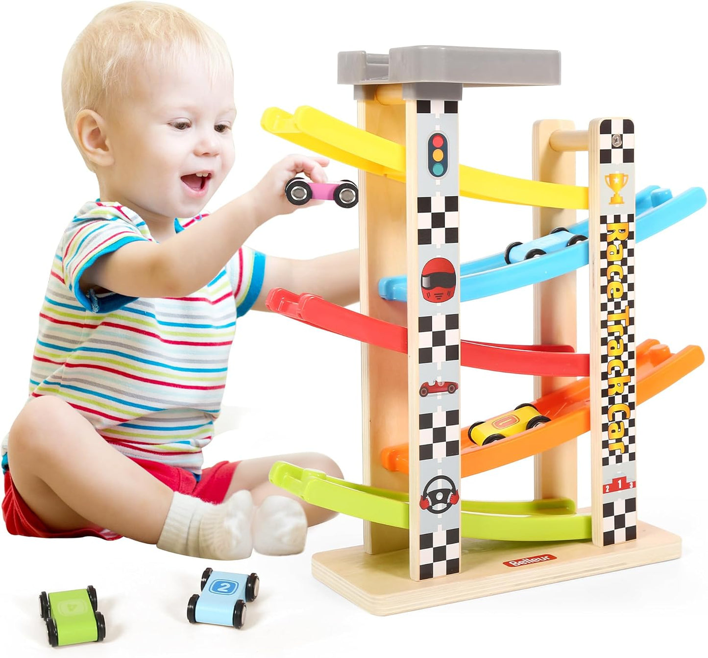 Wooden Ramp Racer Set: 5 Cars, 5 Ramps, Ages 1-3, Perfect Gift