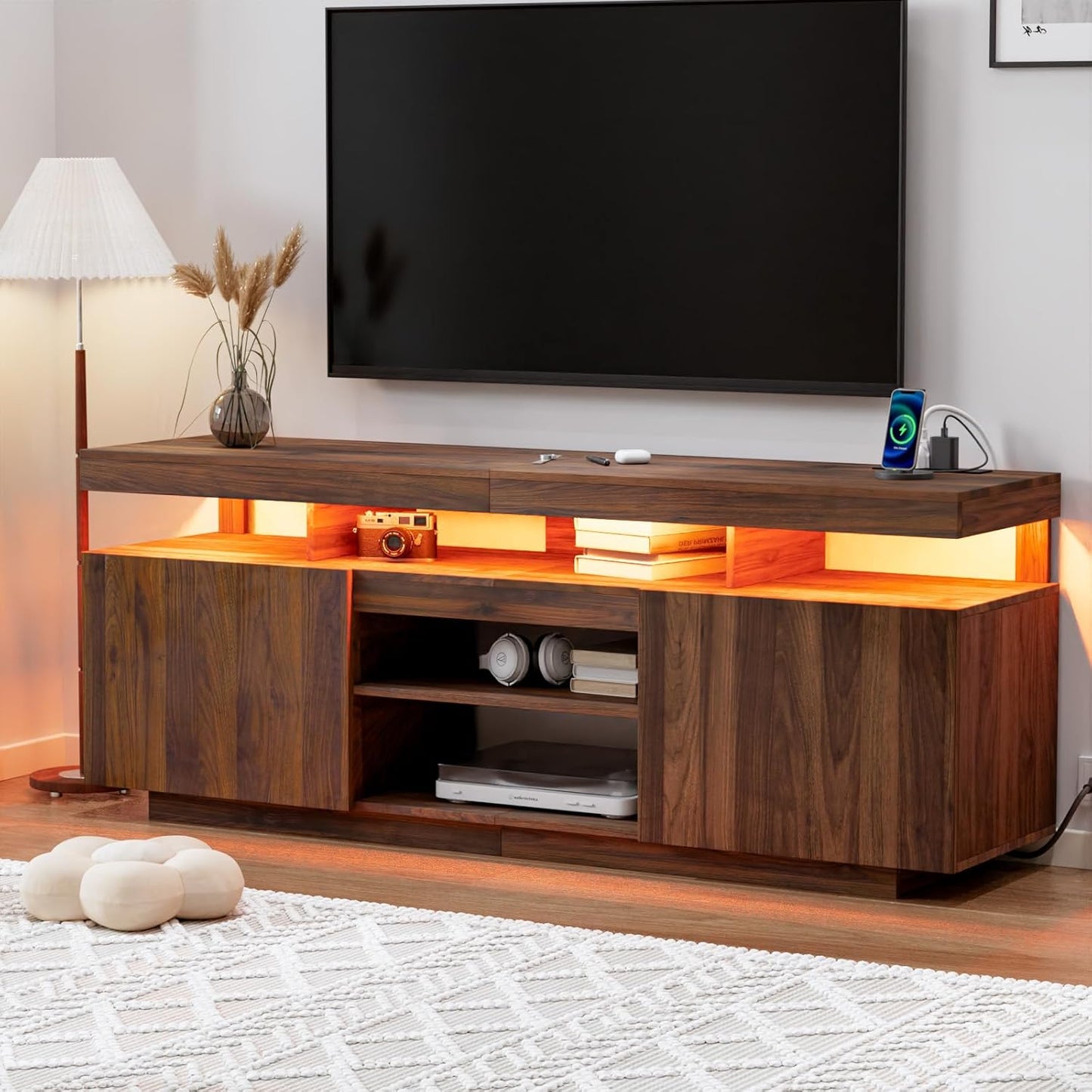 Modern Walnut TV Stand with Power Outlets